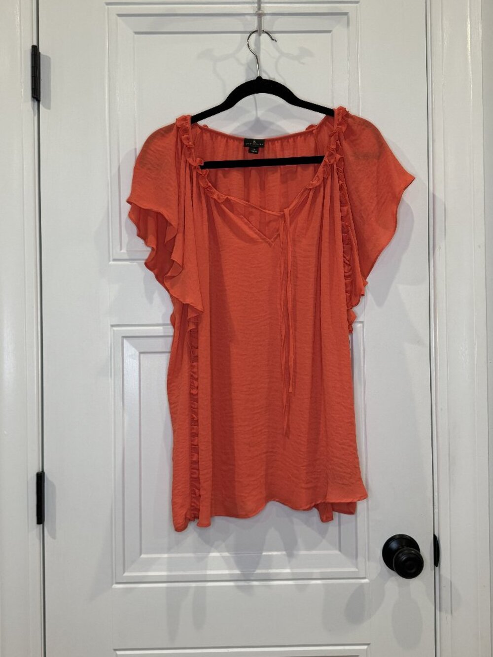 Worthington Coral Flutter Sleeve Ruffle Tie Blouse XL EUC Lightweight Semi-Sheer